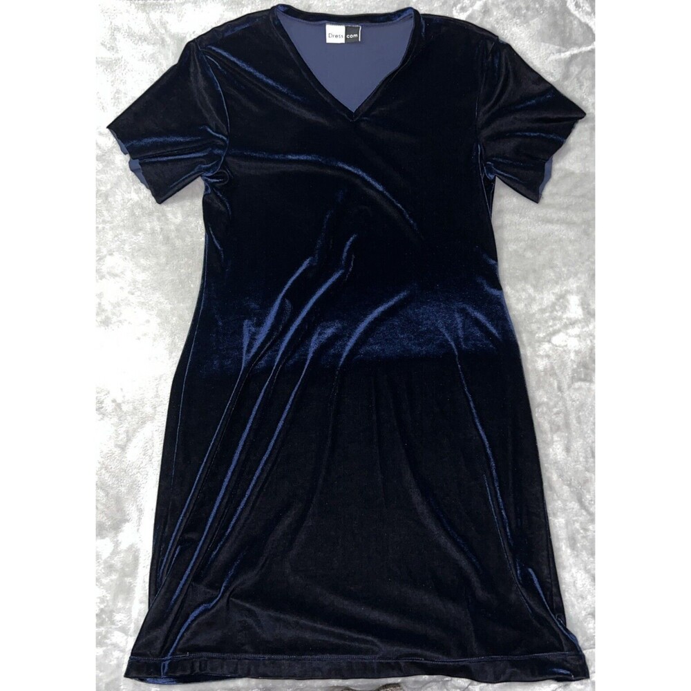 Dress.com Women L Midi Dress Short Sleeve Shift Midnight Blue Velour